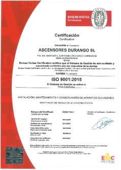 Ascensores Durango, S.L. Certificado